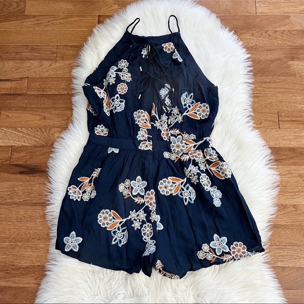J.O.A. Navy Blue Boho Embroidered Lace-Up Romper